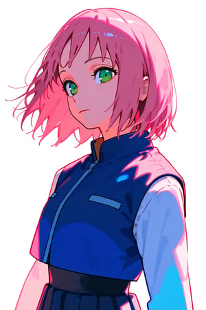 1girl, long hair, black hair, schoolgirl, simple white background, blue theme, pink theme, upper part of body, (waist-up shot:1.3), pink hair, short bob hair, green eyes, sakura haruno from naruto show, 