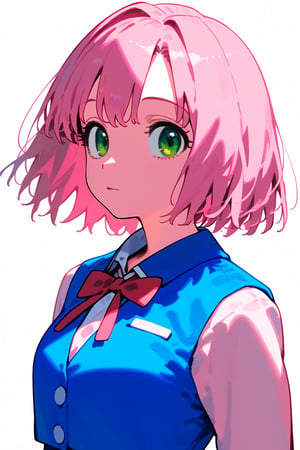 1girl, long hair, black hair, schoolgirl, simple white background, blue theme, pink theme, upper part of body, (waist-up shot:1.3), pink hair, short bob hair, green eyes, sakura haruno, 