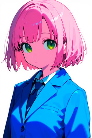 1girl, long hair, black hair, schoolgirl, simple white background, blue theme, pink theme, upper part of body, (waist-up shot:1.3), pink hair, short bob hair, green eyes, sakura haruno, 