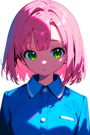 1girl, long hair, black hair, schoolgirl, simple white background, blue theme, pink theme, upper part of body, (waist-up shot:1.3), pink hair, short bob hair, green eyes, sakura haruno, 