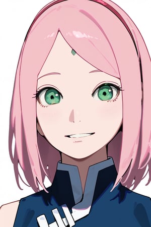 1girl, long hair, black hair, schoolgirl, simple white background, upper part of body, (waist-up shot:1.3), sakura haruno, pink hair, green eyes, 