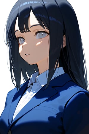 1girl, long hair, black hair, schoolgirl, simple white background, upper part of body, (waist-up shot:1.3), hinata hyuga from naruto show, 