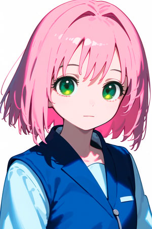 1girl, long hair, black hair, schoolgirl, simple white background, blue theme, pink theme, upper part of body, (waist-up shot:1.3), pink hair, short bob hair, green eyes, sakura,Sakura