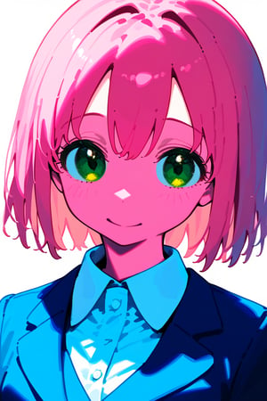 1girl, long hair, black hair, schoolgirl, simple white background, blue theme, pink theme, upper part of body, (waist-up shot:1.3), pink hair, short bob hair, green eyes, (sakura haruno:1.3), 