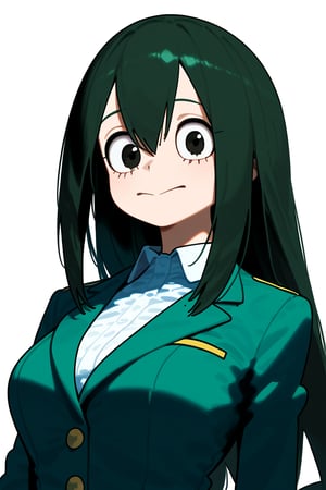 1girl, long hair, black hair, schoolgirl, simple white background, upper part of body, (waist-up shot:1.3), tsuyu_asui from my_hero_academia show, 