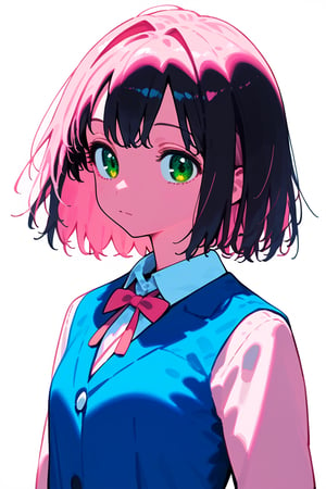 1girl, long hair, black hair, schoolgirl, simple white background, blue theme, pink theme, upper part of body, (waist-up shot:1.3), pink hair, short bob hair, green eyes, sakura haruno, 