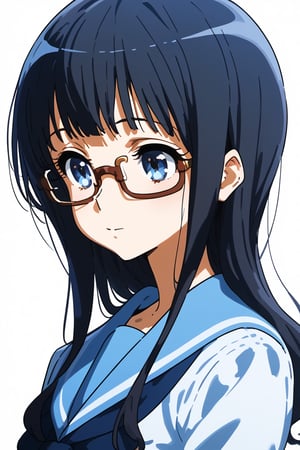 1girl, schoolgirl, simple white background, upper part of body, (waist-up shot:1.3), mizore from hibike_euphonium show,mizore yorizuka, long hair, black hair, blue eyes, glasses 