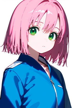 1girl, long hair, black hair, schoolgirl, simple white background, blue theme, pink theme, upper part of body, (waist-up shot:1.3), pink hair, short bob hair, green eyes, sakura,Sakura