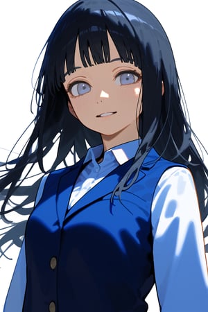 1girl, long hair, black hair, schoolgirl, simple white background, upper part of body, (waist-up shot:1.3), hyuga hinata from naruto show, 