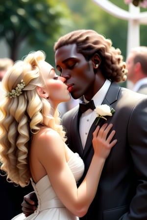 white american women, blond hair, hair slightly curly. black african man, brown curly hair. man and women kissing. Man and women at a wedding ceromony.
