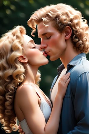 white american women, blond hair, hair slightly curly. white american man, brown curly hair. man and women kissing.