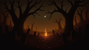 In a shadowy, foreboding forest setting, an eerie graveyard is surrounded by a raging inferno that engulfs the landscape. Amongst the tombstones, flames lick hungrily at the dry underbrush, casting a sinister glow on the skeletal trees. The scene is depicted in a stunningly realistic painting, capturing every intricate detail with vivid colors and expert brushwork. The dark, macabre atmosphere is palpable, evoking a sense of impending doom and highlighting the artist's exceptional skill in creating a captivating, haunting image.