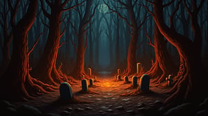 In a shadowy, foreboding forest setting, an eerie graveyard is surrounded by a raging inferno that engulfs the landscape. Amongst the tombstones, flames lick hungrily at the dry underbrush, casting a sinister glow on the skeletal trees. The scene is depicted in a stunningly realistic painting, capturing every intricate detail with vivid colors and expert brushwork. The dark, macabre atmosphere is palpable, evoking a sense of impending doom and highlighting the artist's exceptional skill in creating a captivating, haunting image.