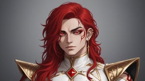 Create an anime-style character with flowing red hair, piercing pale eyes, a red mark under one eye, and multiple piercings in one ear. He wears an ornate white outfit with gold detailing. His expression should be intense, confident, and a bit aloof, giving off a rebellious yet noble vibe.