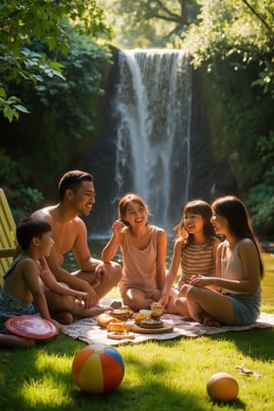 A serene waterfall backdrop sets the scene as a joyful family gathers for a backyard barbecue. The warm sunlight filters through the lush greenery, casting dappled shadows on the grassy area where colorful patio furniture and picnic blankets are arranged. Mom and dad sit amidst the chaos, laughing and chatting with their three kids, who enthusiastically devour burgers and hot dogs. A few beach balls and frisbees lie scattered around, adding to the playful atmosphere.