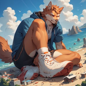 wolf, by zixiong, anthro, solo, male, macro, red_eyes, (dark_brown face), (orange [eyeshadow|snout]:1.2), (orange :1.2), white eyebrow, red line patterned [hand|leg], white feet, seaside, full shot BREAK
score_9_up,score_8_up,score_7_up,score_6_up,score_5_up,score_4_up, by niji6