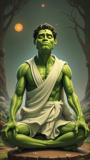 Superhero hulk is in white Indian kurtha and doing meditation in calm and peace with relaxed face