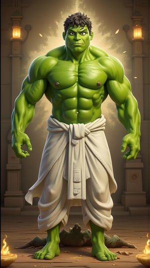 Superhero hulk is in white Indian kurtha and doing meditation in calm and peace with relaxed face