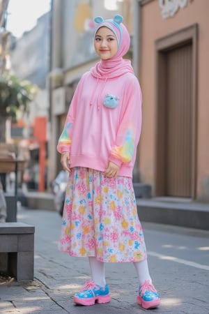 An adelliahalim with pink hijab wearing a vibrant kawaii outfit on a colorful urban street. her hijab with blue bunny headband. She is dressed in a bright pink hoodie with rainbow-colored sleeve accents, a patterned butterfly maxi skirt, and tall white knee-high socks decorated with colorful stars. Her accessories include a cute plush bear pinned to her hoodie, oversized, and platform shoes in neon pink and blue. The backdrop is a Japanese city street with cozy urban buildings, capturing the lively, energetic atmosphere. The lighting is natural, reflecting the playful and joyful mood of the kawaii style. The camera uses a medium shot with a 35mm lens, capturing the sweet and playful energy of her look. The image is in 4K resolution, emphasizing the colors and cute accessories, VibrantGroove,dynamic pose