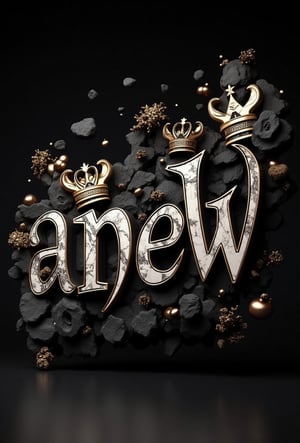 A stunning 3D illustration that masterfully portrays the name "anew" in elegant, luxury-looking lettering. The font, crafted, black and white,is adorned with marble patterns, and magnificent gold crowns on each letter, exuding a sense of royal grace and elegance. The composition gracefully leans towards the right, with various shapes adding depth and dimension, drawing the viewer into the artwork. The subtle, dark background harmonizes with the intricate details, creating a visually pleasing balance. This captivating visual homage celebrates a respected and high-end middle aged couple, highlighting the artist's exceptional talent and skill in seamlessly integrating photography, 3D rendering, and illustration., illustration, 3d render, graffiti, B&W