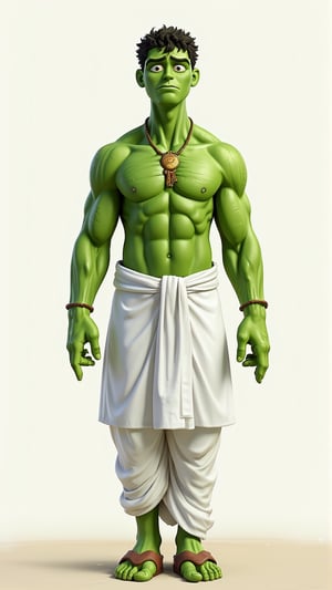 Superhero hulk is in white Indian kurtha and doing meditation in calm and peace with relaxed face