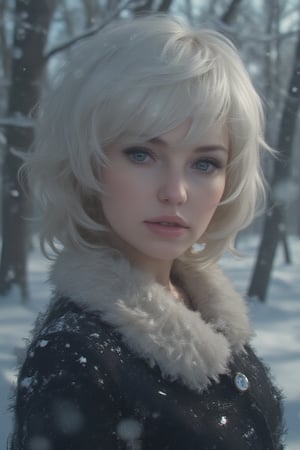 rupas woman,,dress, a closeup cinematic anime portrait of short hair, , blueeyes, light hair, a woman wearing luxury fur coat, fur clothing, winter, in a forest, snowfall,