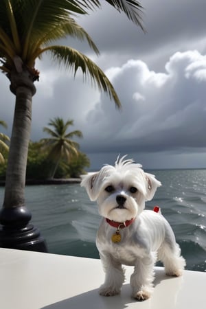 under the dog must be a boat on  rough seas,  strong sunsine amoung the grey clouds, an island can be seen in the distance  with a palm tree 
The dog must be maltese silk lapdog