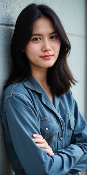 Beautiful girl leaning against a wall, sad expression..long black hair. medium close up,upper body capture portrait,a woman with long layer hair ,standing with arms cross pose,smiling to the viewer,she is wearing a blue camouflage army uniform, military base setting  perfect anatomy.perfect hand.beautiful finger