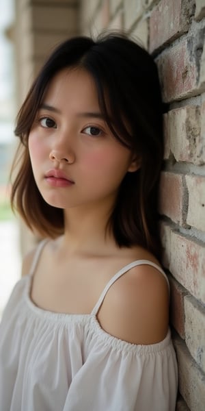 Beautiful girl leaning against a wall, sad expression