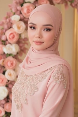 "A beautiful young woman wearing a pastel light pink traditional dress with intricate gold lace embroidery, paired with a matching hijab. She is posing in front of a floral arch with pastel-colored roses and soft pink leaves. The setting has a warm, elegant background with a soft golden tone. The woman's expression is calm and confident."