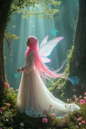 "A graceful girl in pink hijab with delicate wings, standing in a mystical forest. Her long pink hijab flows down her back. She wears an white flowing gown made of natural elements like leaves and vines, shimmering in the soft glow of magical orbs floating around her. Her wings are translucent and glow with soft pastel colors. The forest around her is filled with towering ancient trees, glowing flowers