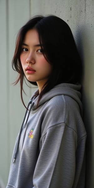 full body Beautiful girl leaning against a wall, sad expression..wearing tshirt with hoodie..long black hair.perfect anatomy.perfect hand.beautiful finger