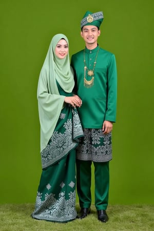 A full body woman in 
light green layered flowy loose hijab and a green kebaya with intricate premium white-silver lace, captured in a photography with her handsome husband in green baju melayu, matching her outfit. They stand outdoors at grass hill amidst lush greenery, both smiling romantically. Soft natural lighting enhances the scene, creating an intimate and elegant atmosphere.perfect hand . beautiful fingers perfect anatomy perfect image.model