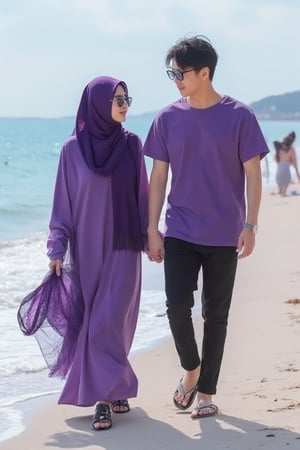 A young girl with purple hijab, wearing an purple blouse and gown . walks confidently down at a beach. she has a relaxed and stylish appearance. she with a handsome Korean man. wearing purple short tshirt Ang black jeans pant. they are wearing black sunglases. ..they are holding the hand and hug each other..The scene is set in a vibrant,lively beach with ombak ..angin bertiup with bright sunlight casting soft.photorealistik..