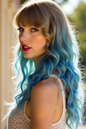 Taylor Swift stands confidently in a warm, natural light, her ombre blue-dyed hair cascading down her back like a shimmering waterfall. The vibrant hue creates a striking contrast against her sun-kissed skin and bold, bright eyes. A soft focus captures the texture of her locks as they fall gently to her shoulders, with subtle highlights accentuating the darker roots.