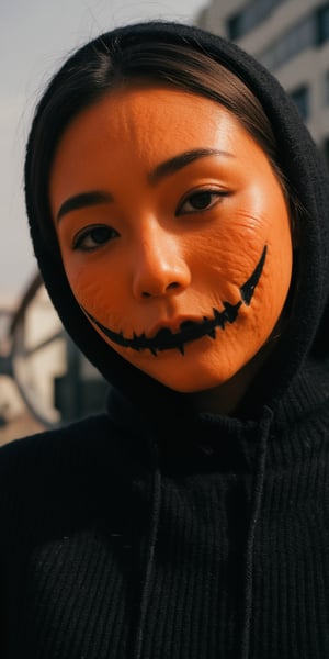 medium close up shot of woman wearing pumpkin mask