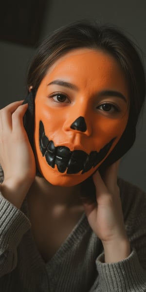 medium close up shot of woman wearing pumpkin mask