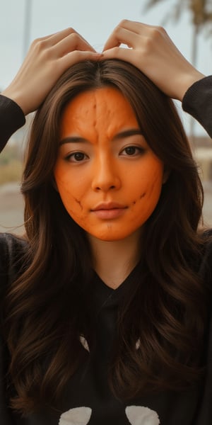 medium close up shot of woman wearing pumpkin mask