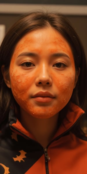 medium close up shot of woman wearing pumpkin mask