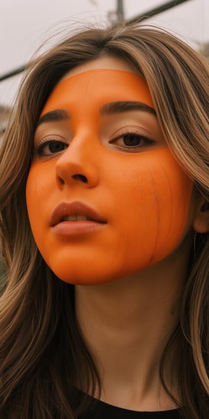 medium close up shot of woman wearing pumpkin mask