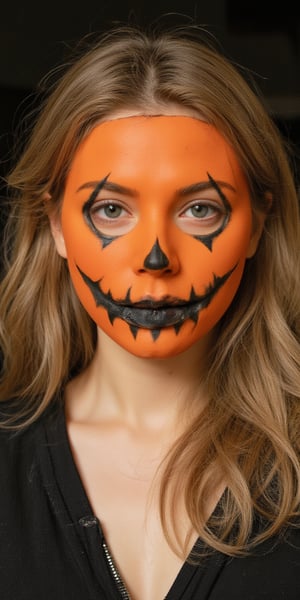 medium close up shot of woman wearing pumpkin mask