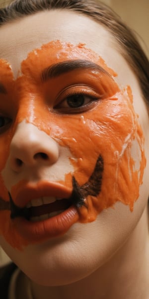 medium close up shot of woman wearing pumpkin mask