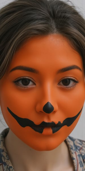 medium close up shot of woman wearing pumpkin mask