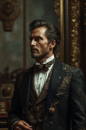 masterpiece, 8k, HDR, 3 D, best quality, photography, analog style, real life, extremely decadent beautiful, baroque, (highly detailed, intricately detailed); ”The male actor - star of films for adults - gets ready for filming.” 