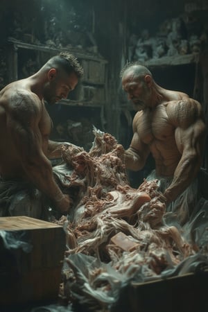 masterpiece, 8k, HDR, 3 D, best quality, photography, analog style, real life, extremely decadent beautiful, (highly detailed, intricately detailed); ”2 handsome bodybuilders packing cut corpse pieces into plastic bags and boxes.”
