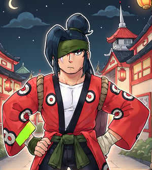 Kenji,Brawl stars, Printed red kimono,White shirt,Black pants,green belt around the waist,Fingerless glove,Scar in the right eye,Black long hair,Samurai hair bun,wrist tape, Green Headband, standing, night, japanese village scenario, serious face, male focus, solo, 1boy.