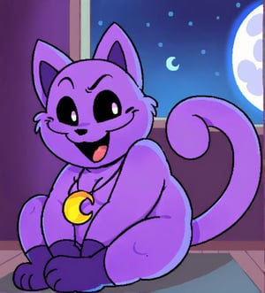 Catnap,Poppy Playtime,Anthro cat,Cute cartoonish character,Long tail,Purple fur,Short,Slightly chubby,Black sclera,Moon symbol necklace, sitting, indoors, cute.