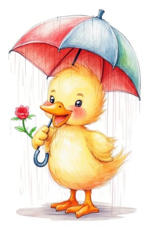 a cute duck standing with an umbrella in rain, loooking to us and holding a red rose in another hand, fantasy art in colorfull pencil sketch, white background.