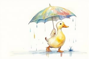 (impressionist painting:1.3), a cute duck walking with an umbrella in rain , fantasy art in watercolor, white background.