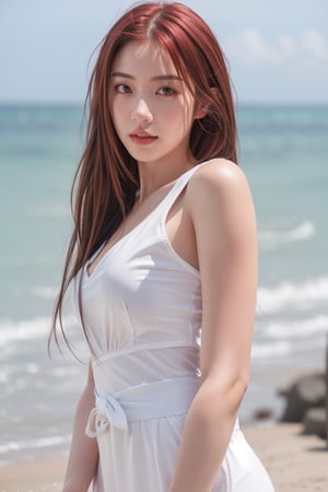 1girl, solo, long hair, looking at beside, red hair, black eyes, lips, realistic, seaside,:),show waist